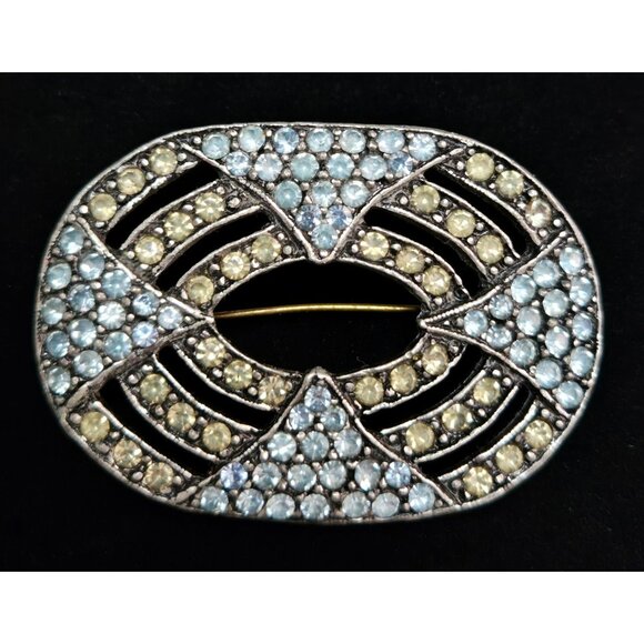 Vintage Nancy Katz Art Deco Style Rhinestone Brooch Blue and Yellow - Picture 1 of 4